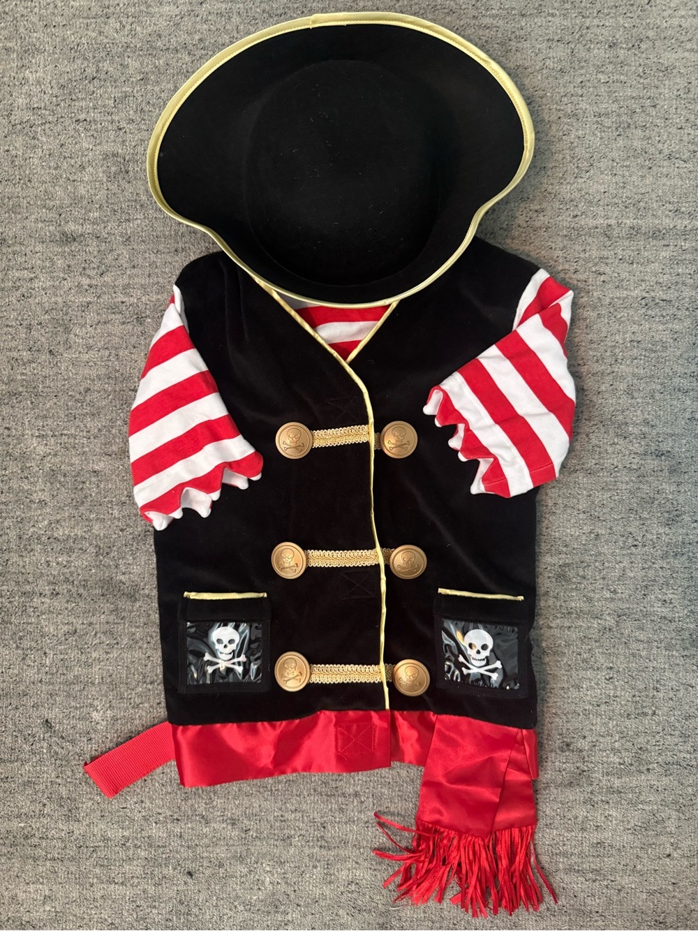 Kids Pirate Costume Jacket with Hat and Red Striped Sleeves in Size 3-6